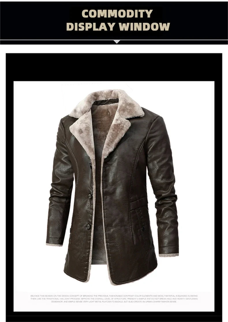 Men's Medium and Long PU Leather Jacket, Business Velvet Lapel Blazer, Single-Breasted Vintage Design Jacket