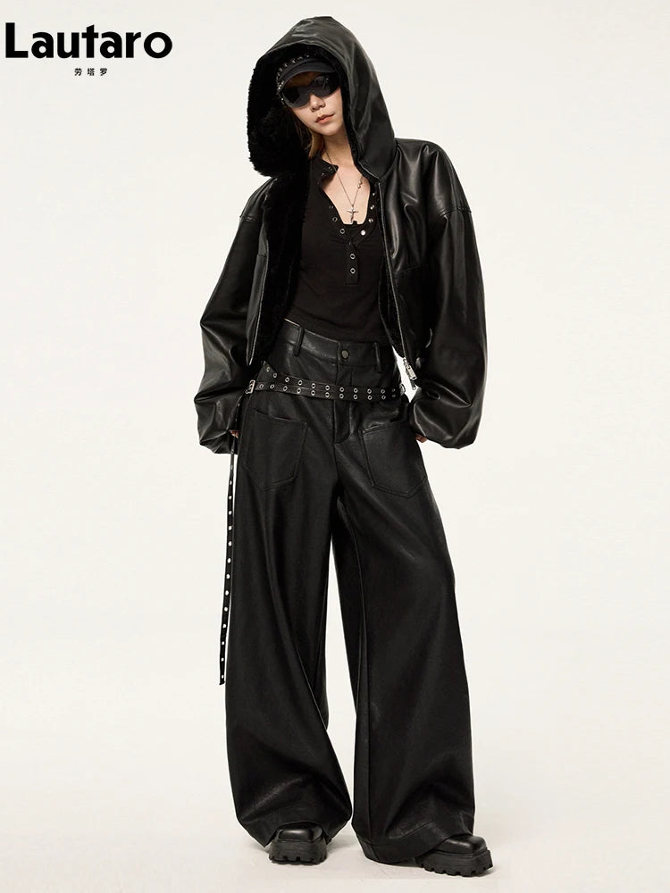 Lautaro Spring Autumn Cool Warm Thick Oversized Black Short Reversible Soft Pu Leather Jacket Hoodie Women with Faux Fur Inside