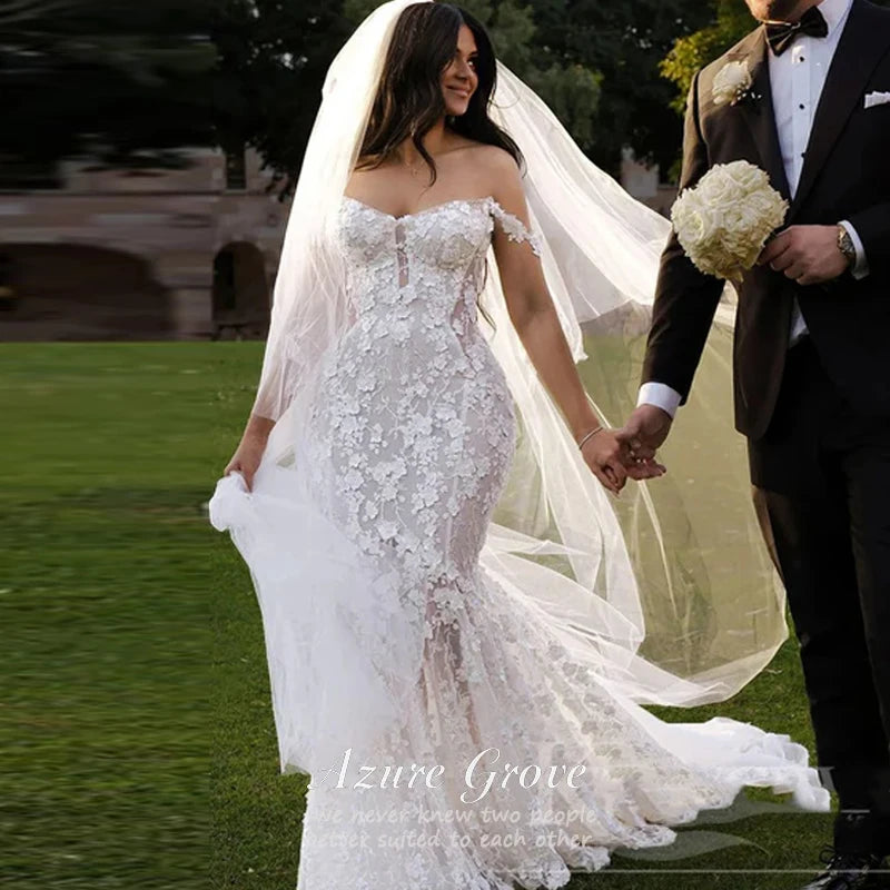 Azure Customized Mermaid Wedding Dress Sweetheart Lace Appliques Flowers Bride Gown Elegant Beach Boho Bride Dress Sexy vestidos