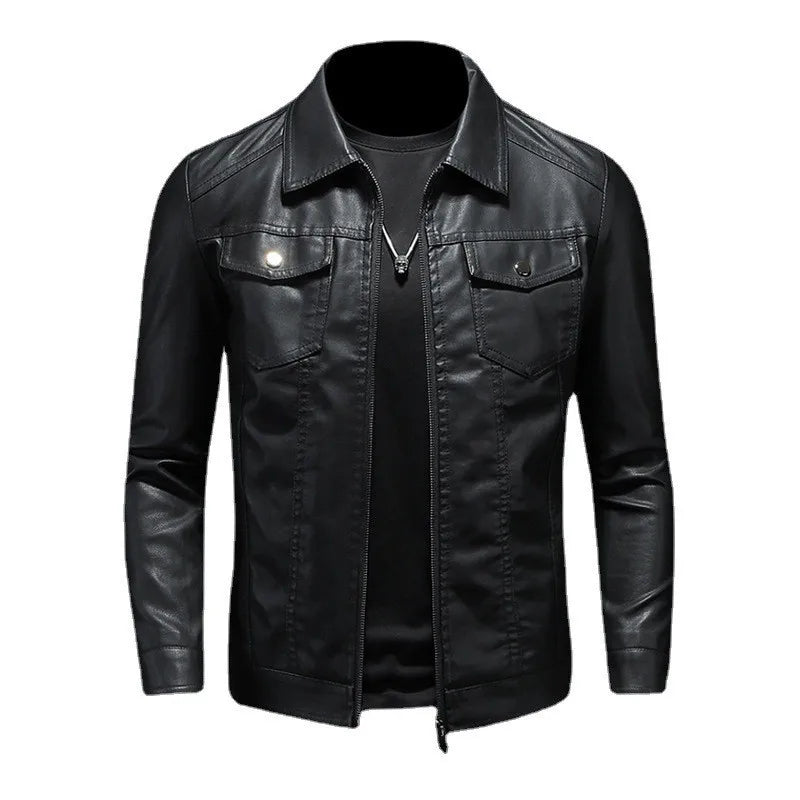 Autumn and Winter Classic Men's Leather Jacket Lapel Fashion Trend Locomotive Clothes Fleece Thermal Jacket Men