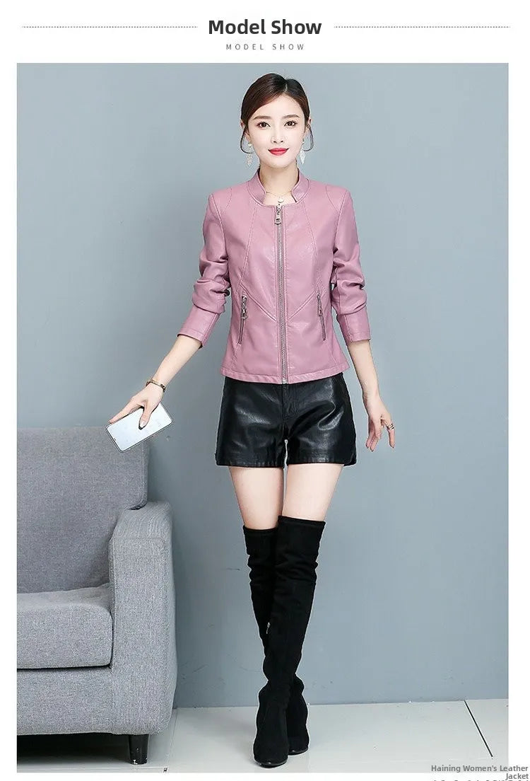 Real Leather Biker Jacket Women's Short Style 2026 Spring Autumn New Korean Version Slim Fit Stand Collar Miniature Coat