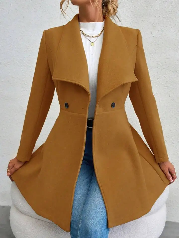Autumn Winter Women Coat Fashion Solid Color Lapel Collar Single-breasted Slim Fit Female Woolen Coat Mid Length Lady Overcoat