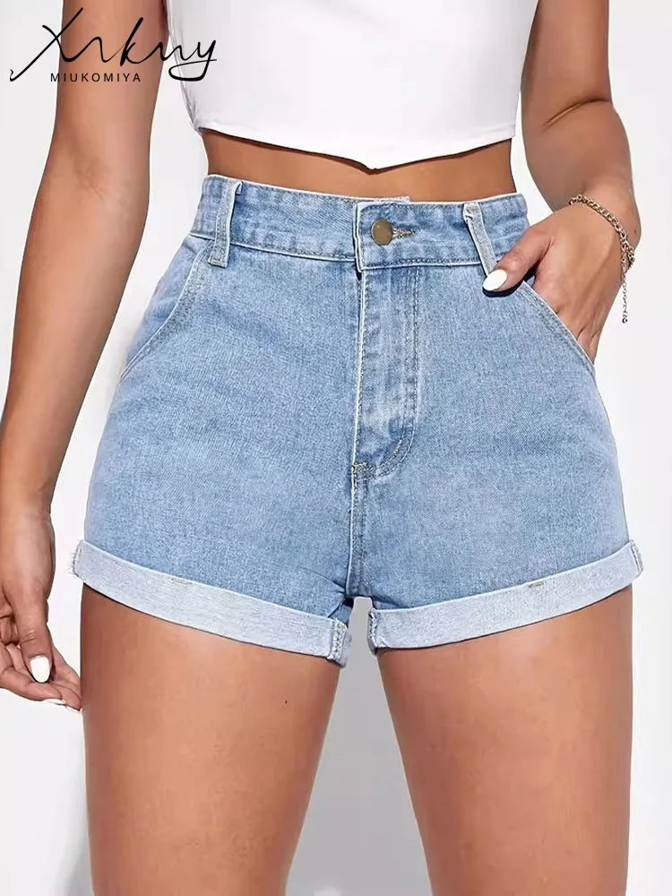 MiuKoMiYa Blue Jeans Shorts Women Summer 2025 Straight Denim Pants Ladies Short Jeans Feminino Women's Denim Shorts High Waisted