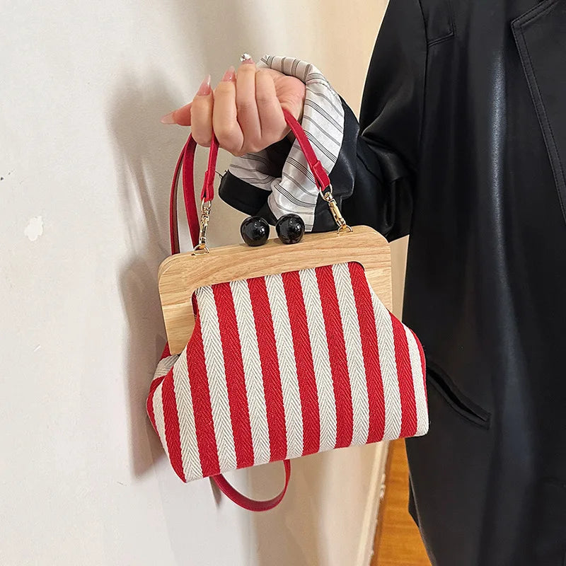 New Black Stripe Canvas Wooden Clip Bag Women Bag Fashion Shoulder Bag Crossbody Bag