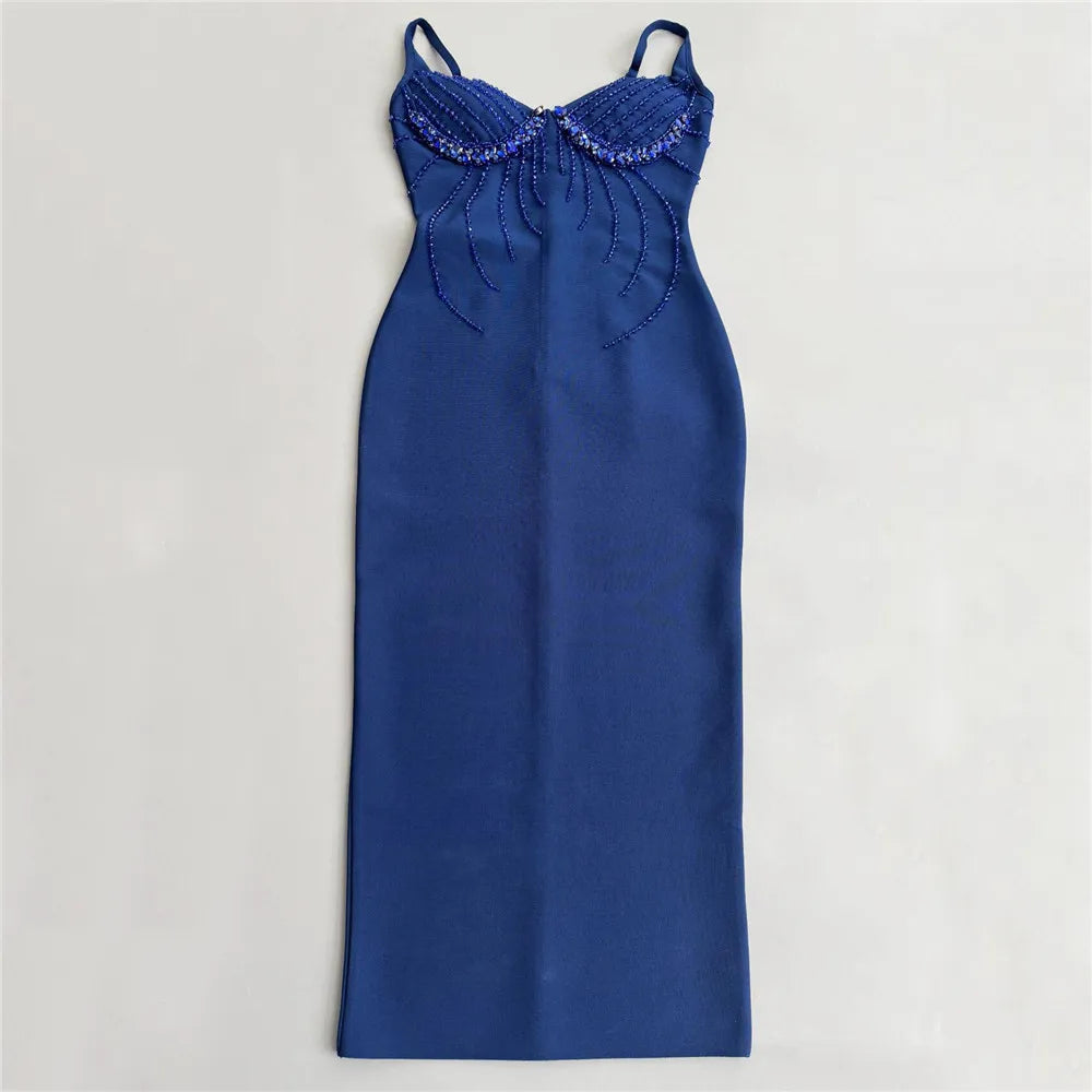 Women Sexy Beading Spaghetti Strap Bandage Dress Bodycon Clothes Club Party Celebrity Elegant Dresses