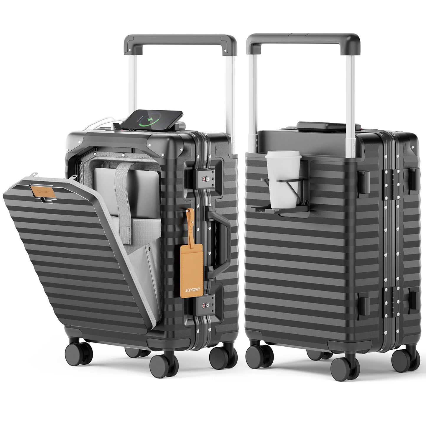 Joyway 20 inch Aluminium Carry on Luggage Suitcase with Front Pocket, USB Port, Cup Holder, TSA Lock and Spinner Wheels