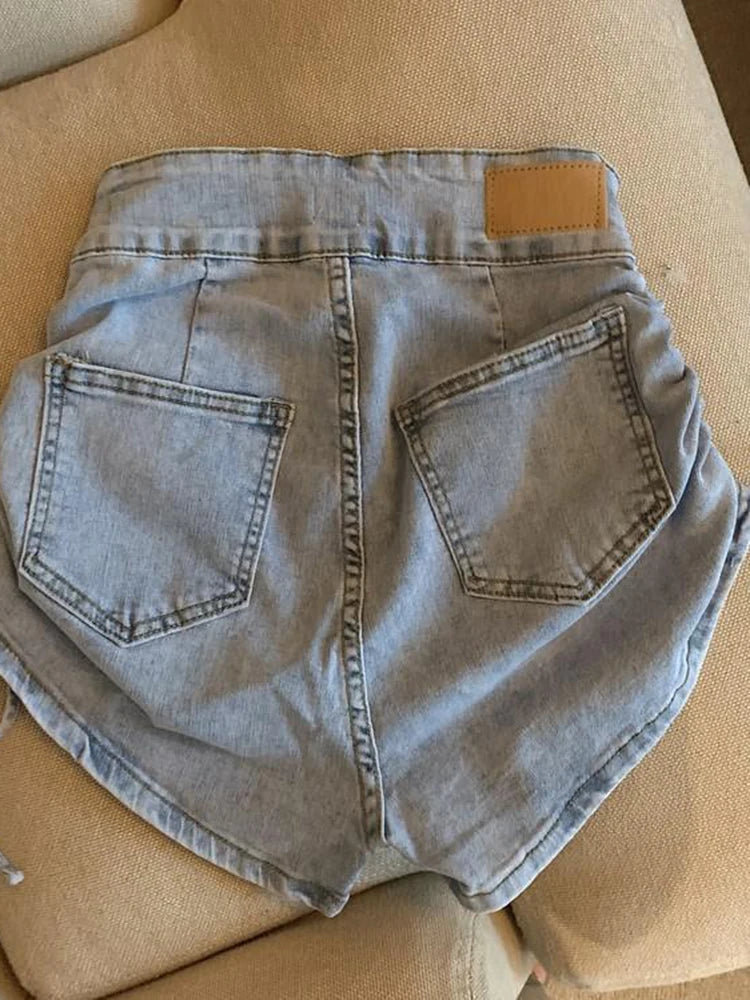 Zoki Sexy Shirring Slim Denim Shorts Women Fashion Korean High Waist Casual Shorts Summer Button All Match Harajuku Shorts New