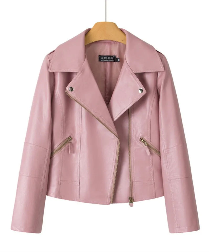 2026 Fashion Pink Black Leather Jacket Women's Short Coat Spring Autumn Zip-up Loose PU Leather Outerwear Student Casual Jackets
