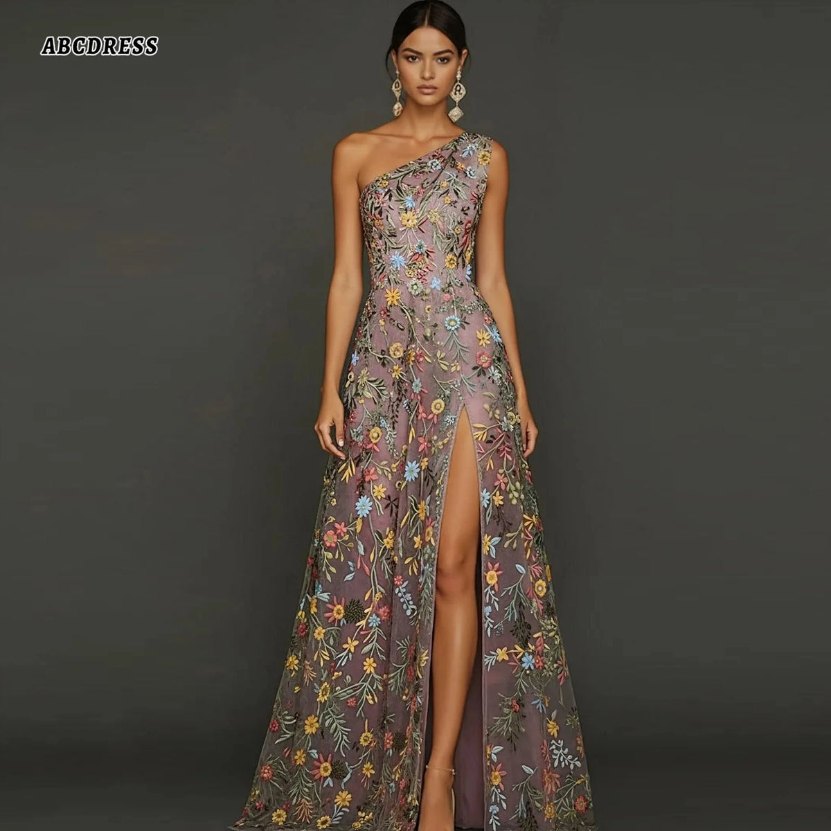 Customized Floral Embroidery Tulle Prom Dress One‑Shoulder Long Formal Evening Gown Backless Wedding Guest Dresses Plus Size