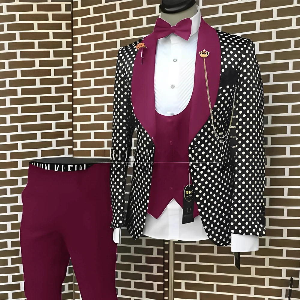 Spotted Men's Suit 3 Piece Set Wedding Groom Tuxedo Custom Slim Fit Blazer Pants Vest Men's Elegant Suit
