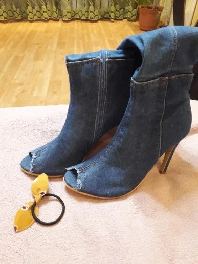 Summer Autumn Thigh High Boots Women Fashion Peep Toe Over The Knee Boots Blue Denim Jeans Zipper Long Boots Shoes Ladies
