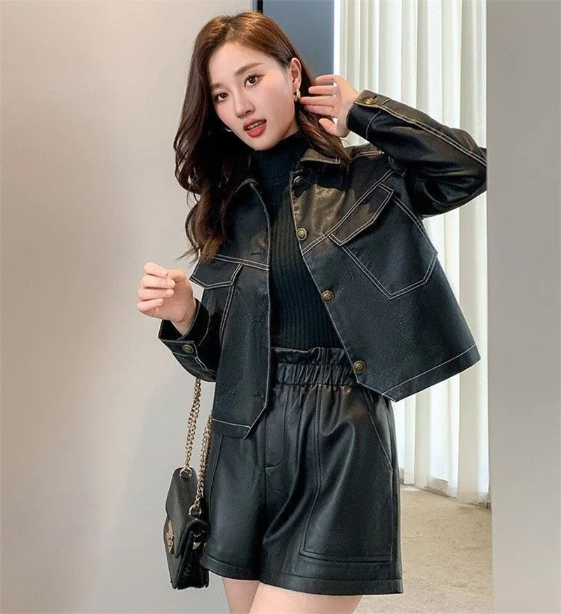 2026 Short PU Leather Coat Women's Spring Autumn New Jacket Ladies Fashion Outerwear Western Style Lapel Overcoat Leather Jacket