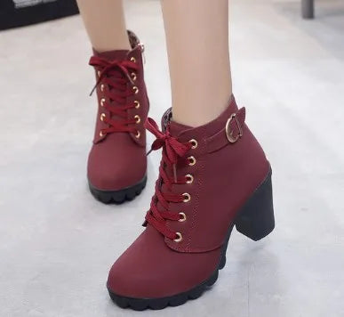 Boots Women Shoes Women Fashion High Heel Lace Up Ankle Boots Ladies Buckle Platform Artificial Leather Shoes Bota Feminina 2024