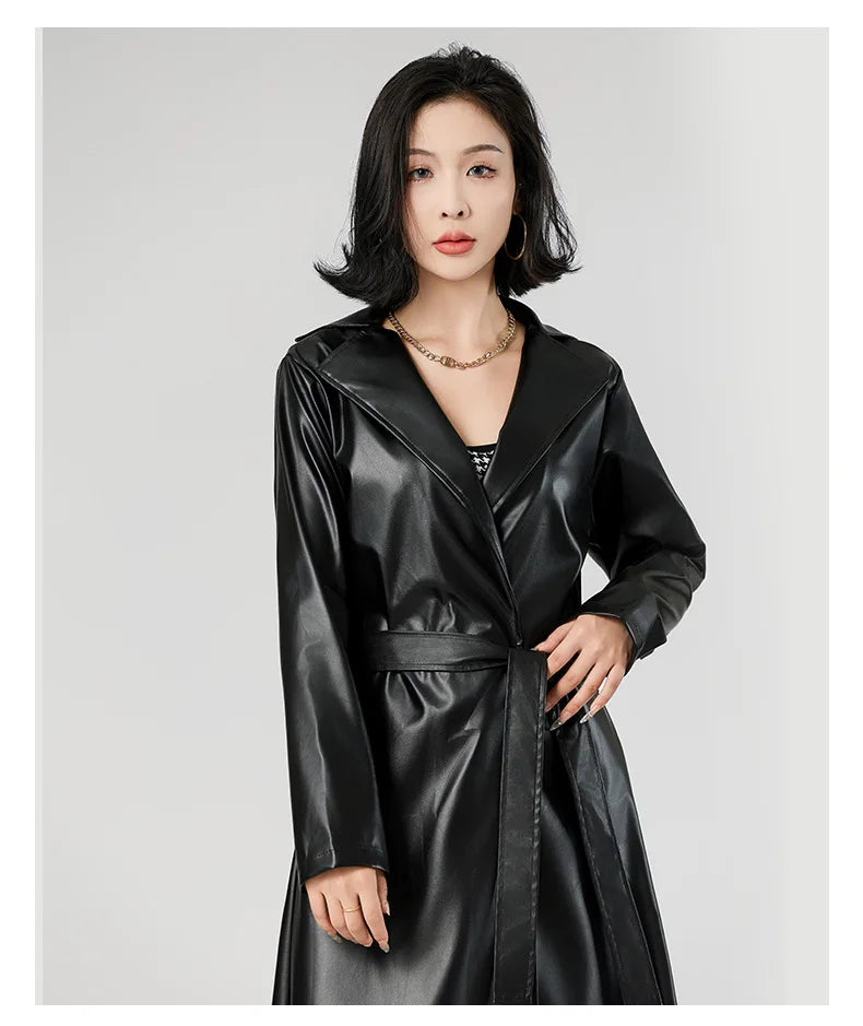 Women's Streetwear Windbreaker Black Tie Up Pu Leather Jackets For Women Fall Winter Windproof Anoraks Trench Coat For Women
