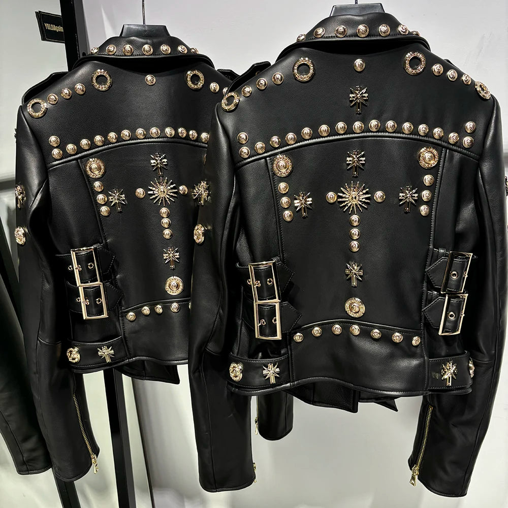 Women Stylish Gold Rivet Real Leather Jacket High Glossy Genuine Leather Asymmetrical Zip Biker Jacket