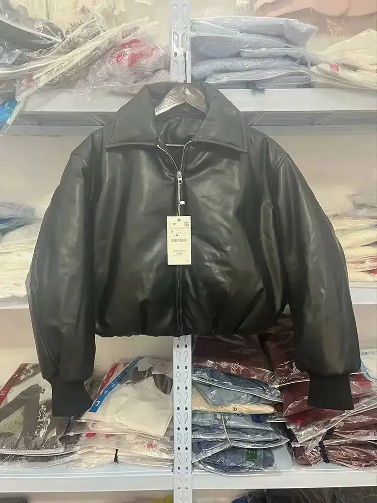SHENGPALAE Women's Fashion 2026 Autumn Winter New Clothes Solid Color Leather Thicken Warm Female Short Cotton Jacket 5C1437