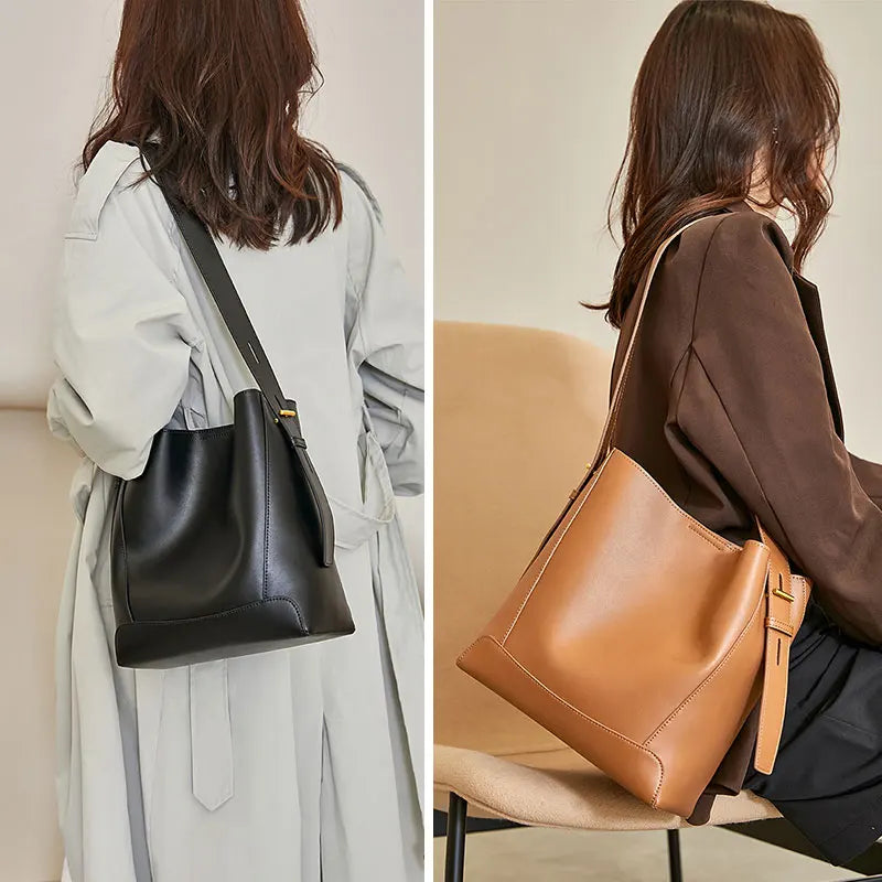 Cowhide Women's Shoulder Bag Fashion Trend Luxury Designer Bucket Bags Large Capacity Genuine Leather Women Crossbody Bags