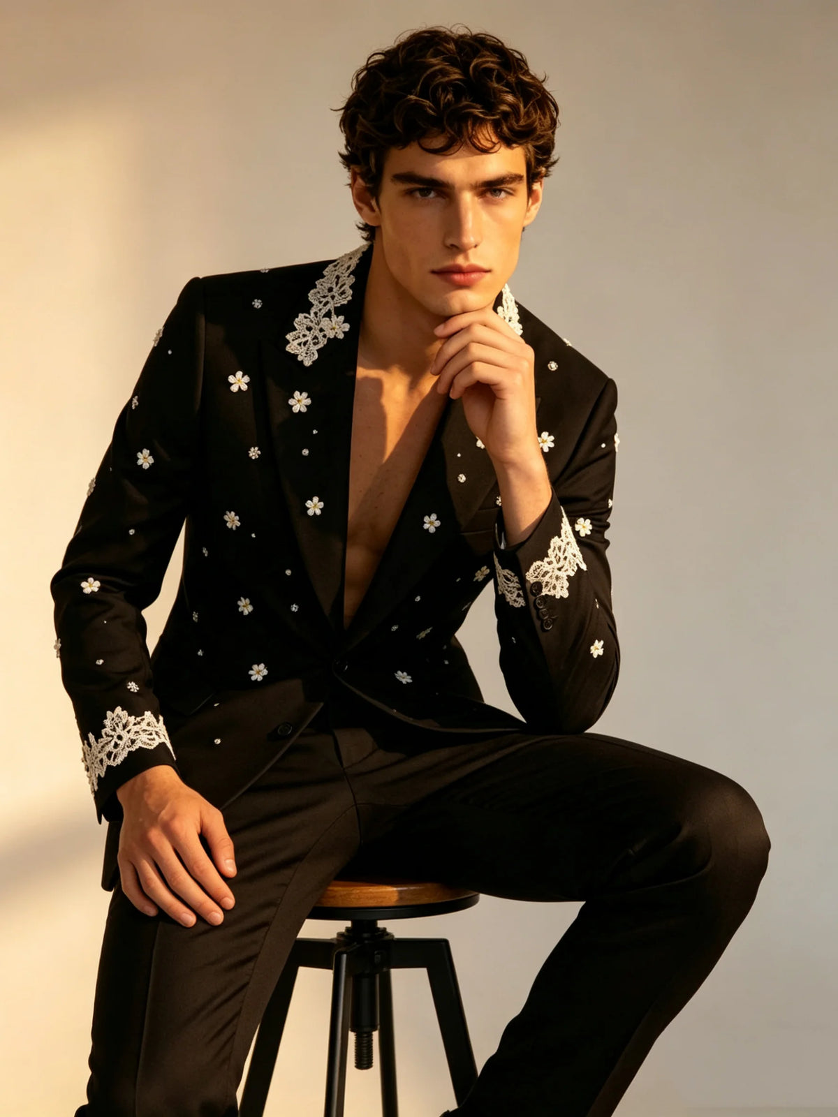 Black Appliqued Floral Men Suit Set 2 Piece Blazer+Pants Prom Wedding Tuxedos Coat Customized Formal Office Fashion Groom Jacket