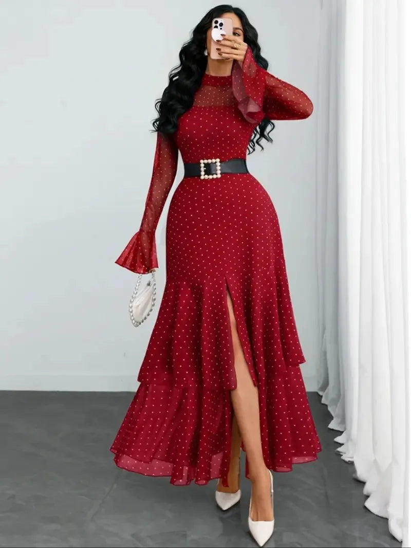 2026 Long Sleeves Evening Dress Dresses For Woman Party Wedding Temperament Sexy Slim Banquet Slit Printed Fashion Ruffles Slim