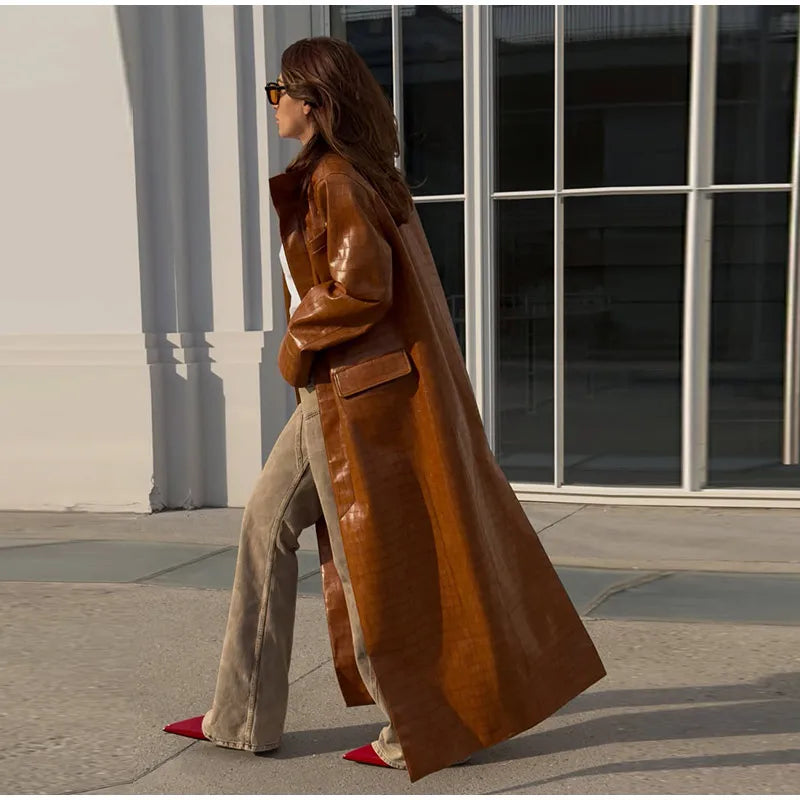 Crocodile Print Faux Leather Long Women 's Winter Coats Stand Collar Single‑Breasted PU Leather Maxi Coat Streetwear Fall Winter