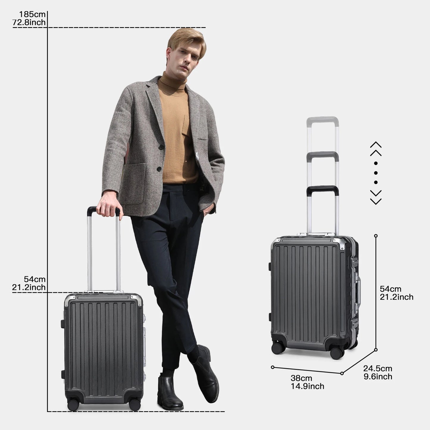 Hard Case Suitcase Trolley Aluminum Frame suitcase PC hand luggage with 4 Rolls TSA Check-in Luggage Trackcase Black