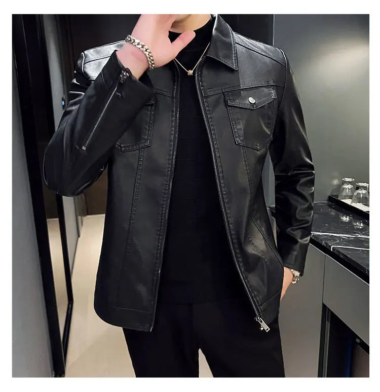 Autumn and Winter Classic Men's Leather Jacket Lapel Fashion Trend Locomotive Clothes Fleece Thermal Jacket Men