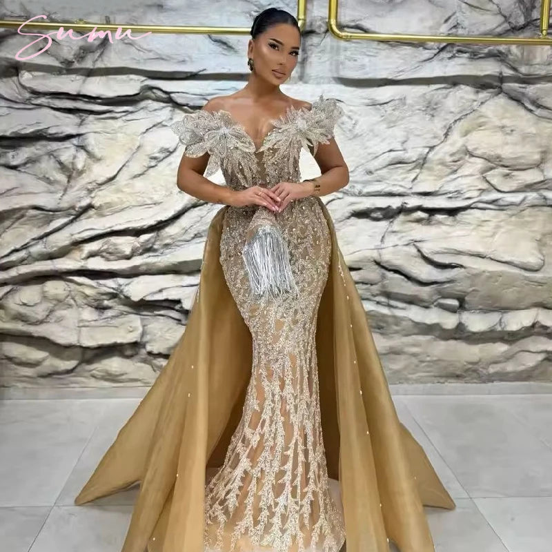 Special Wedding Party Dresses Two Pieces Vintage Evening Dresses With Detachable Train Off Shoulder  Mermaid Robes De Soirée