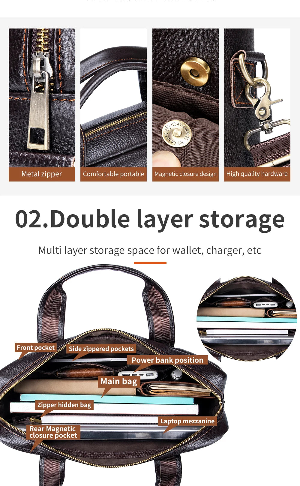 Men's leather handbag, top layer cowhide briefcase, leather laptop bag, diagonal cross office bag