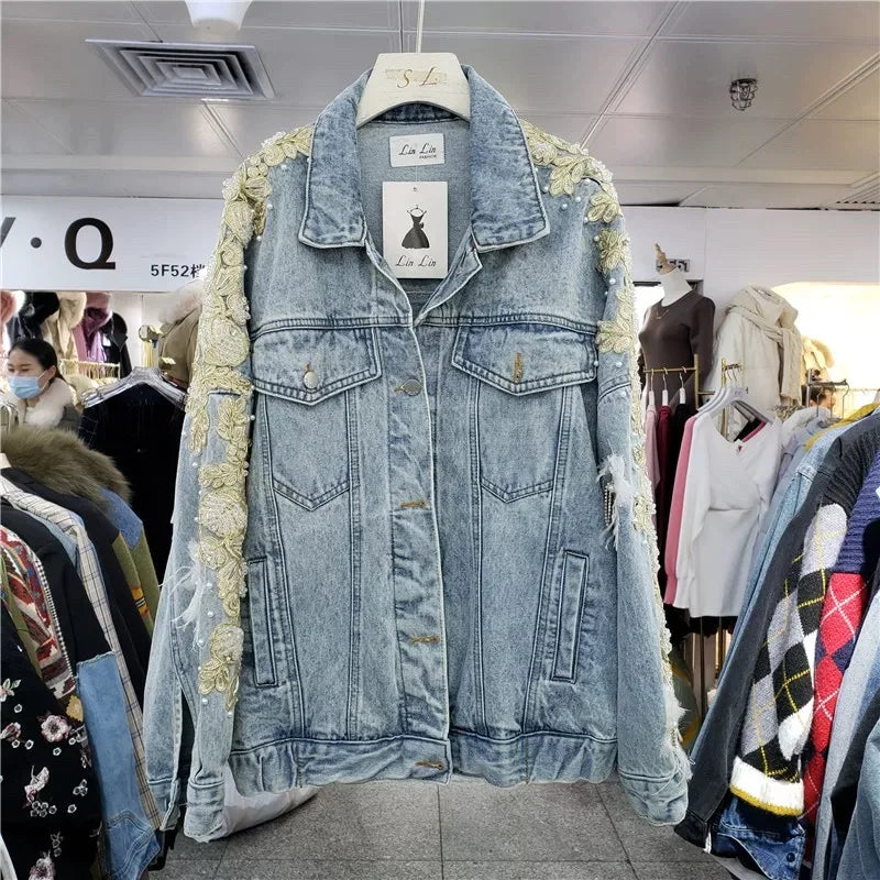 European and American style heavy industry embroidery splicing denim jacket 2025 new print loose casual denim women's jacket top
