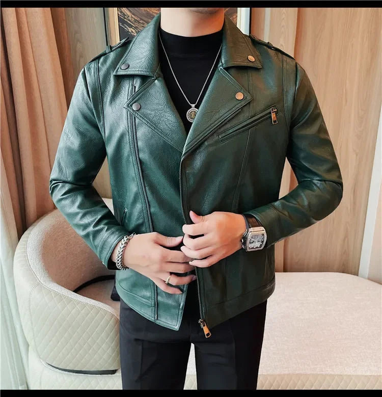 Men High Quality Faux Leather Jacket Vintage Oblique Zipper  Slim Fit Motorcycle Outwear Male Autumn Winter PU Leather Coats