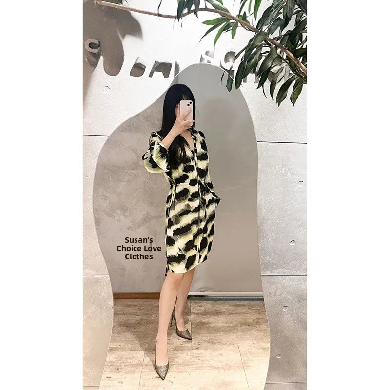 Faionable adient Print Silk Blend Dr with Dstring V-Ne ort Sweet Sle Long Sve round Ne Gown for Women