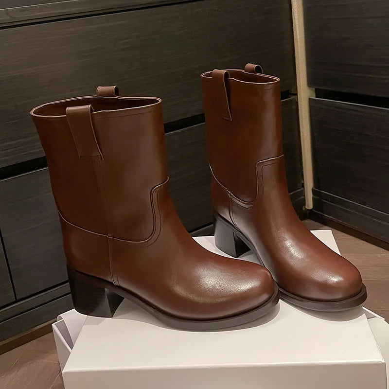 Arden Furtado Autumn Cowhide Knee High Boots Round Toe Pull-On Chunky Heels Riding Boots British Style Large Size Boots