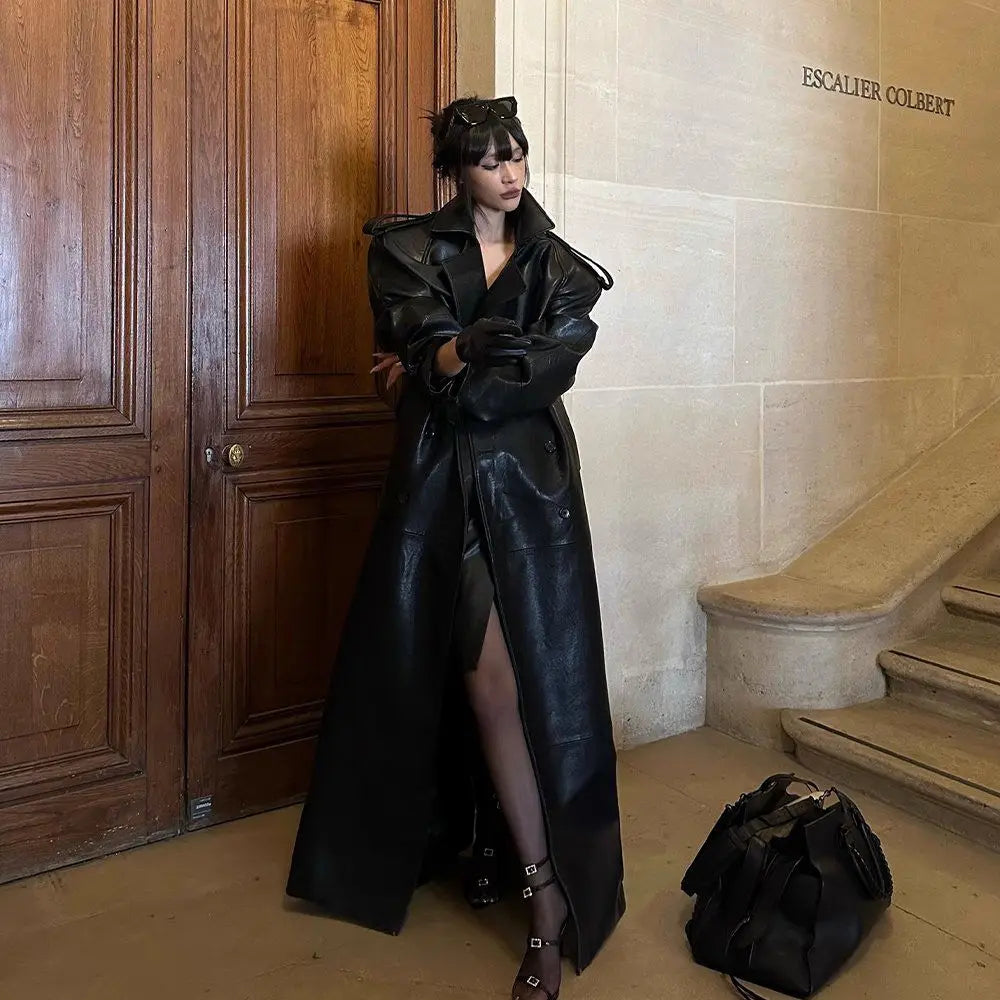 Luxury High Quality Autumn Long Oversized Black Leather Trench Coat Women's PU Leather Jacket Lapel Collar Belt Double-Breasted