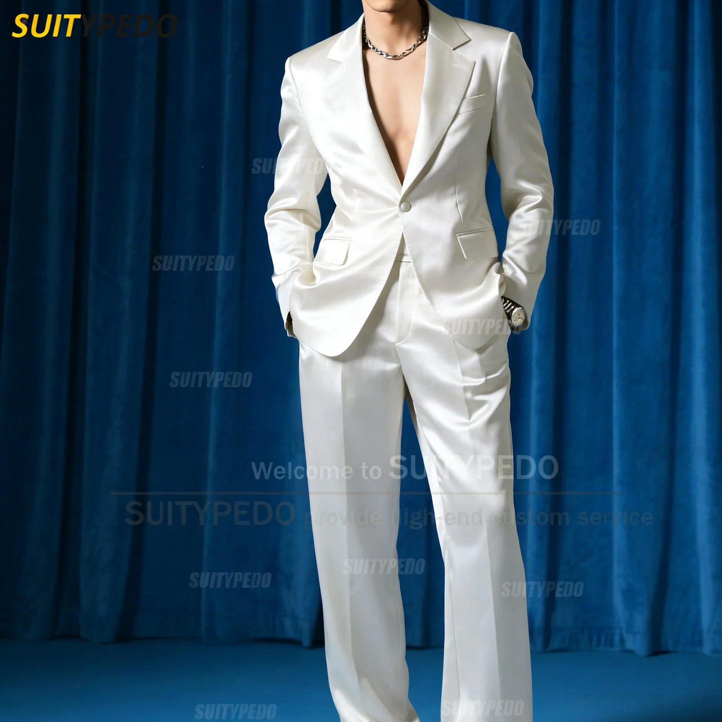 Fashion Royal Blue Satin Party Prom Men's Suit Sets 2 Pcs Blazer And Pants Brief Solid One Button Notch Lapel  Homme Costumes