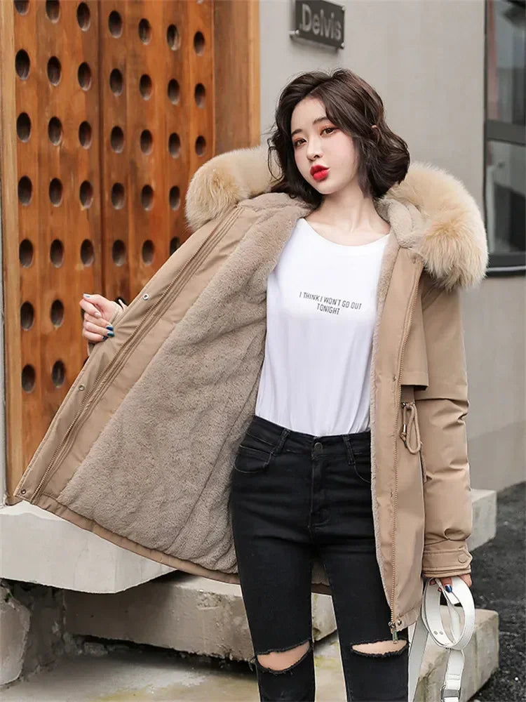 Winter Coat Low Price On Sale Women Beige Add Wool Thick Warmth Fur Hooded Parkas Jacket 2026 New Fashion Belt Slim Cotton Coat
