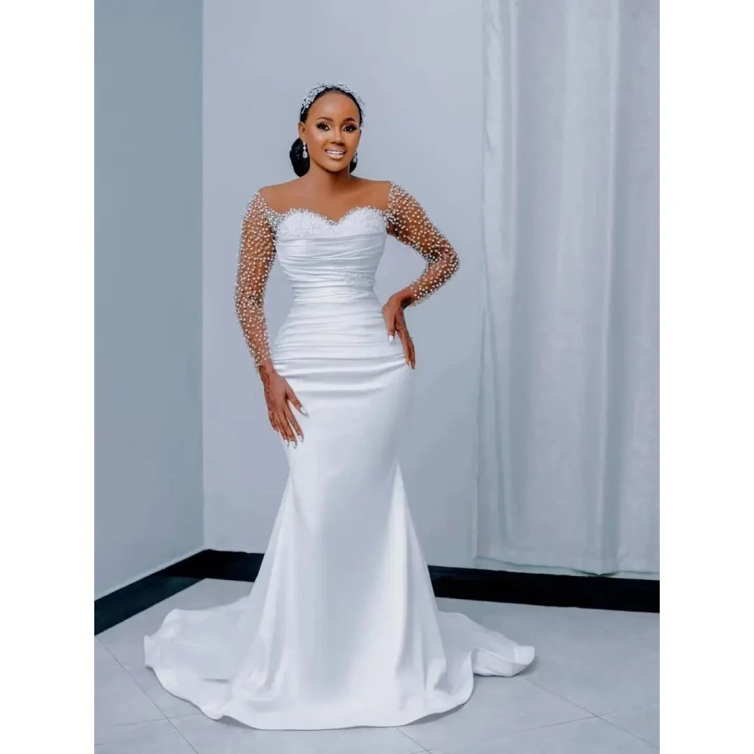 Customized Sparkly Pearls Beads Luxury Sheer Neck Mermaid Wedding Dress Vestido De Casamento Long Sleeve Stunning Bridal Gowns