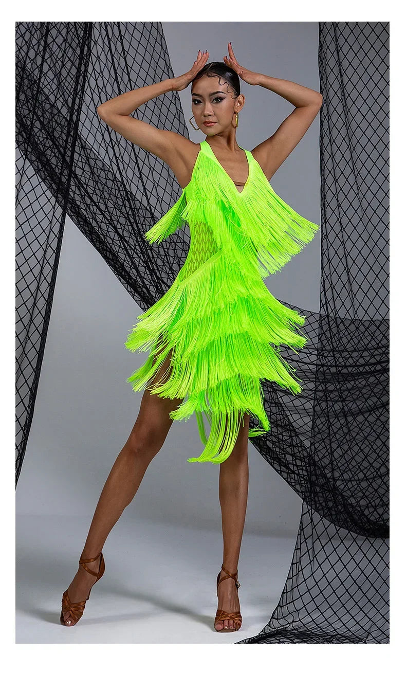 Women Backless Fringe Sexy Black Dress Cha Cha Rumba Samba Tango Dance Costume Prom Wear Latin Dance Copetition Dress