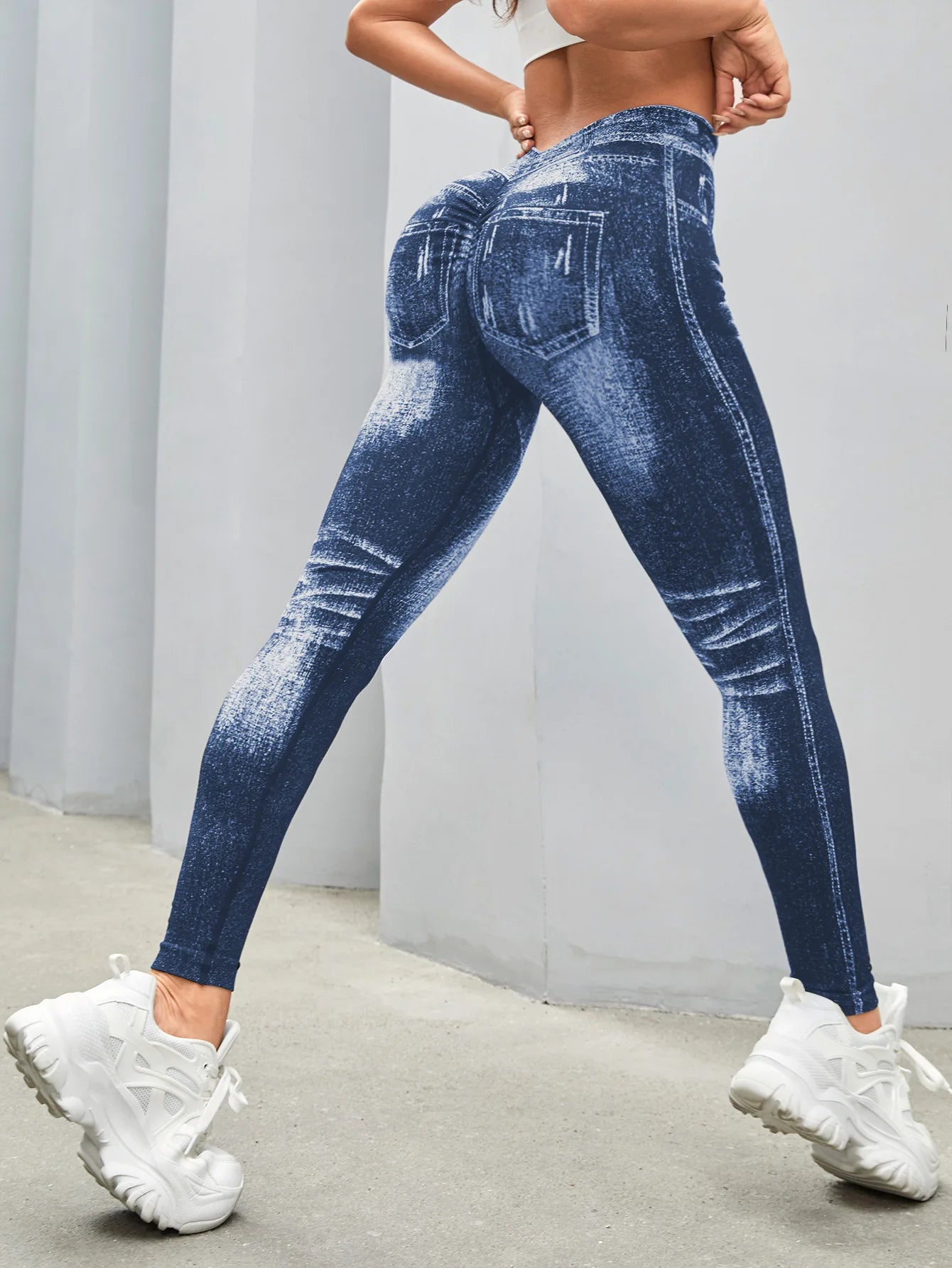 Women V Back Gym Leggings Faux Denim Jeans  Athletic Workout Leggins Elastic Seamless Training Yoga Pants Sports Fitness Tights