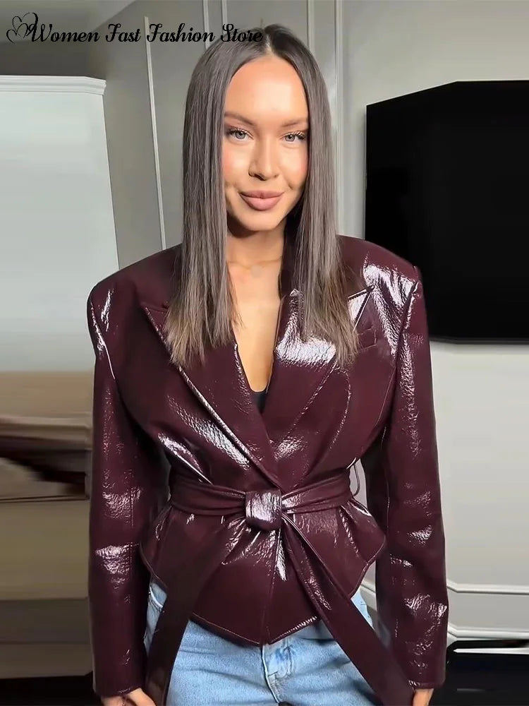 Glossy Lace-up Leather Jackets 2026 Autumn Female Lapel Shoulder Pad Full Sleeve Short Coat Women's Slim Waist-cinching Outwear