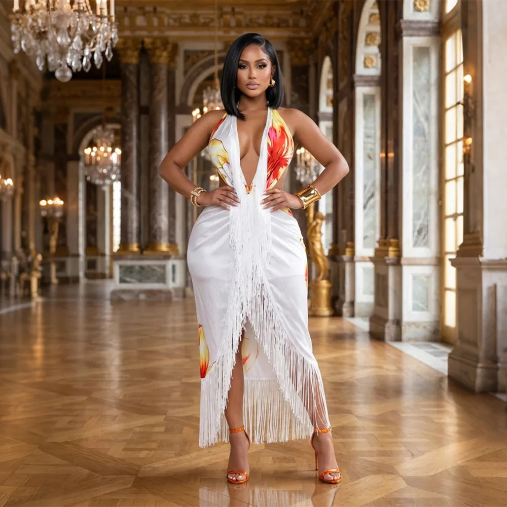 V Neck Floral Fringe Dress Sexy Party Bodycon Fashion Evening Dresses Women 2026 Summer Halter Elegant Luxury Maxi Dresses