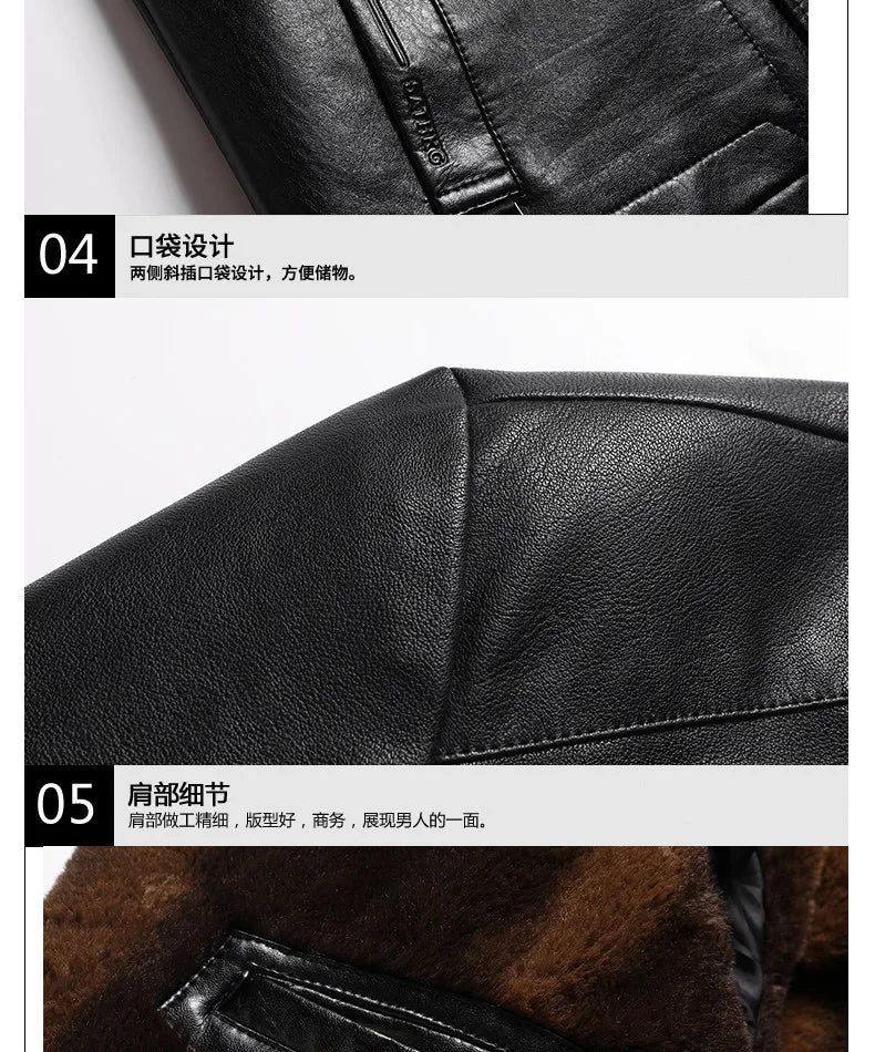 Leather Jacket Men Winter Jacket Men Medium Length Plush Thickened Leather Coat for Men Fur Collar Windbreaker for The Elderly