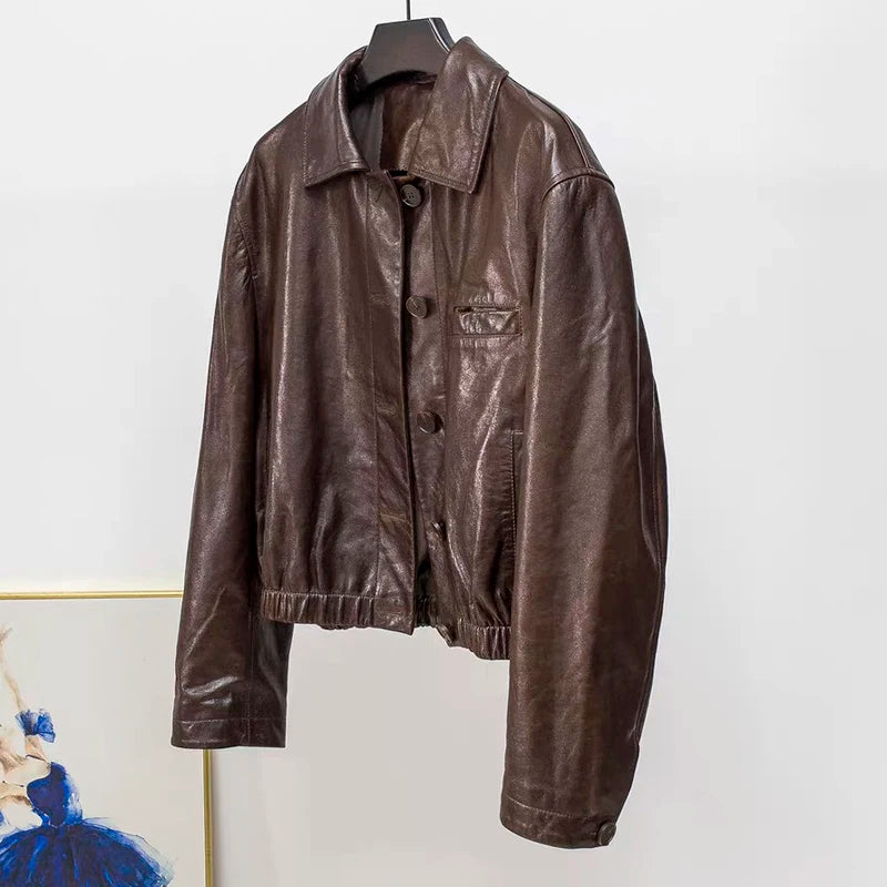 Advanced Oil Wax Leather Jacket for Women Autumn Winter Female 100% Lambskin Square Neck Elastic Waist  Loose Coat Vestes Femmes