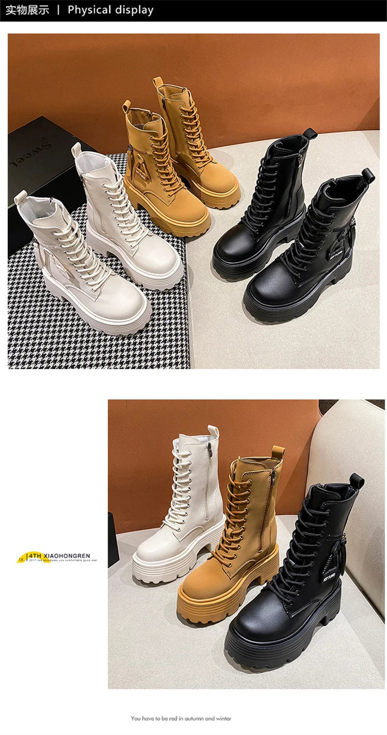 New 2023 Autumn Platform Mid-calf Boots  Women Thick Sole Winter Leather Punk Shoes Chunky Motorcycle Boots Woman