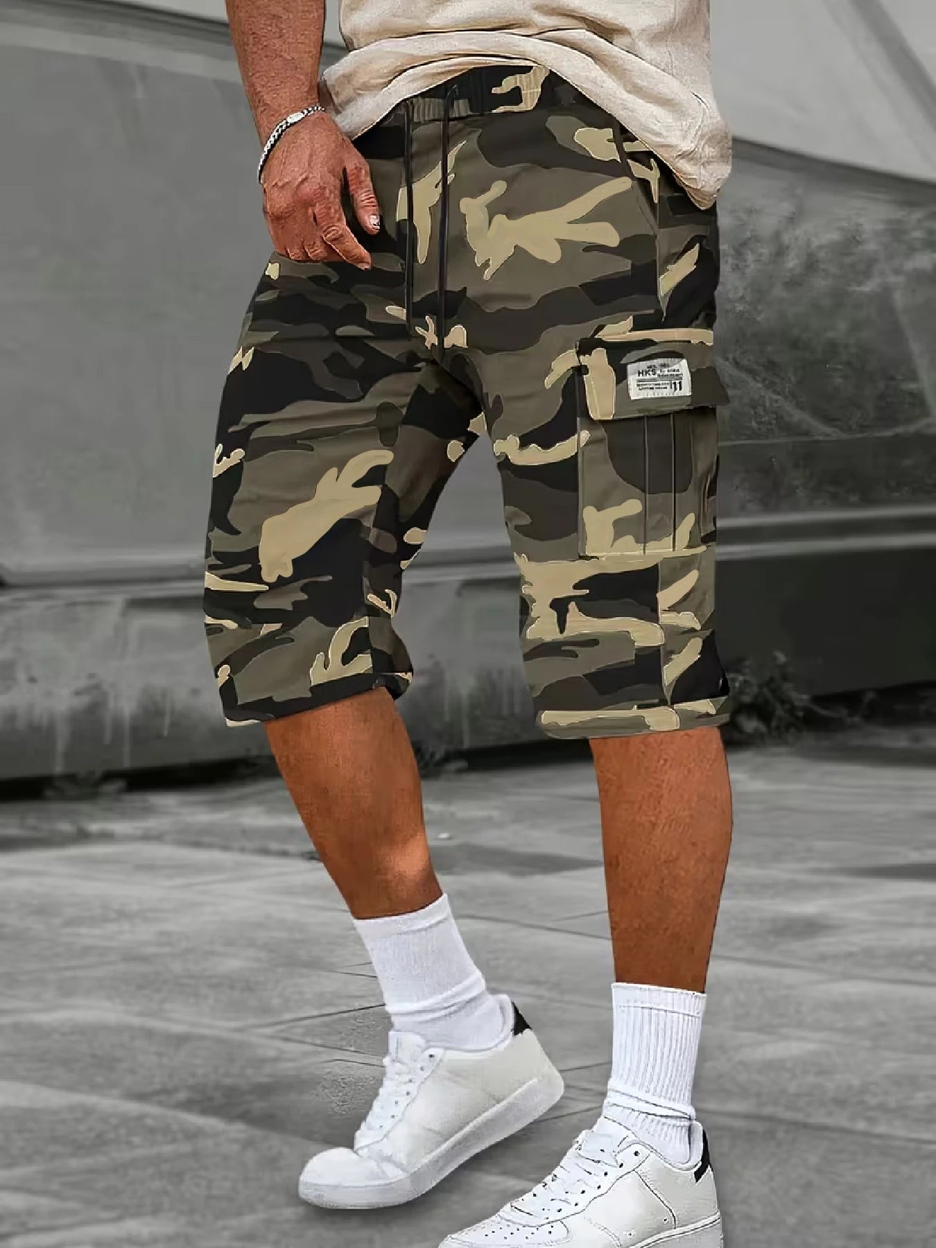 Men's Casual Cargo Shorts — All-Over Print, Non-Stretch Woven Fabric. Features a Dual Elastic Waistband and Drawstring Design; A