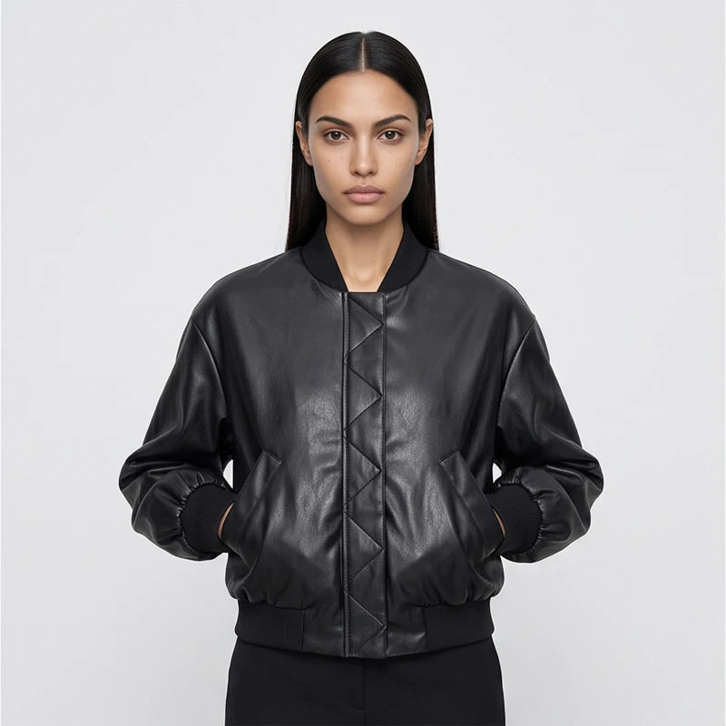  Women's Faux Leather Bomber Jacket Black Stand Collar Cropped Loose Vintage Outerwear 2026 Autumn Lady Street Chic Casual Coat