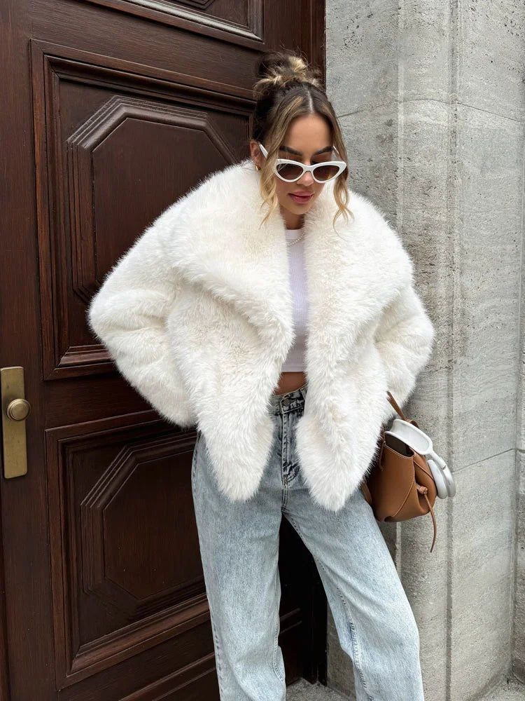 HH 2025 Winter Coats For Women New Artificial Fur Effect Loose Cropped Coat Female Versatile Streetwear Women's Cardigan