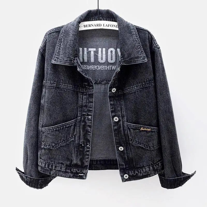 Denim Coats Women Short Coat Single Breasted Casual Embroidery Turn Down Collar Y2k Streetwear Jackets Work Slim Fit Spring