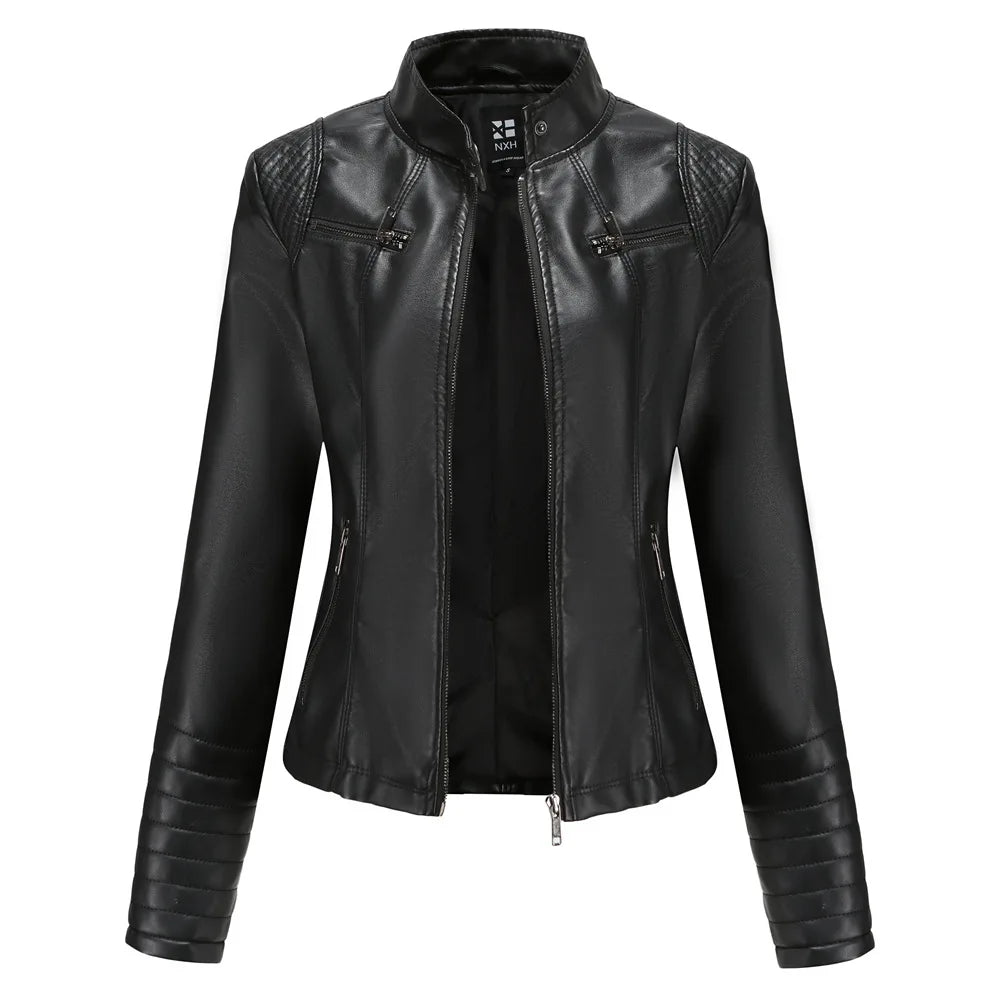 2026 New Women's Slim Leather Jacket, Stand-up Collar, Zipper Stitching, Monochromatic PU Coat, Fashion Clothing.
