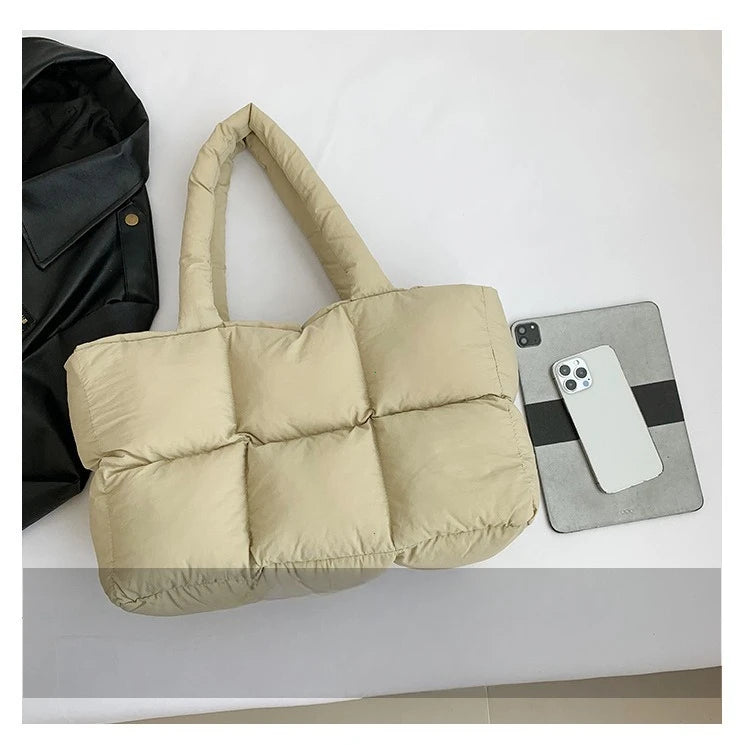 Women Tote Handbags Quilted Plaid Bag Retro Trendy Checkered Waterproof Shoulder Bag Solid Color Winter Soft Large Capacity Bags