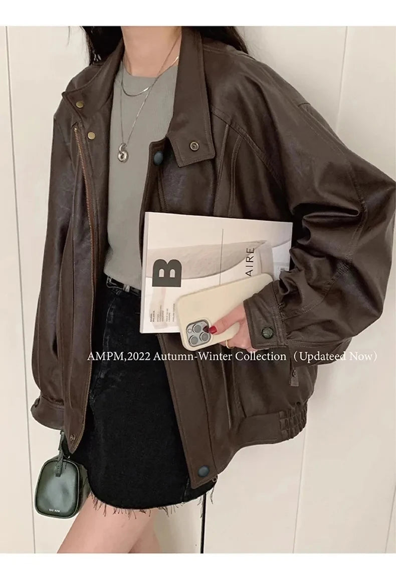 Lautaro Autumn Cool Brown Oversized Leather Jacket Women Drop Shoulder Long Sleeve Zippper High Quality American Retro Clothing